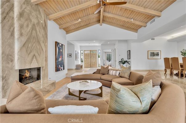 Fireplace, Interior, Living room, Recessed Lighting, Wooden Beams, Wooden Ceilings, Wood Texture Flooring