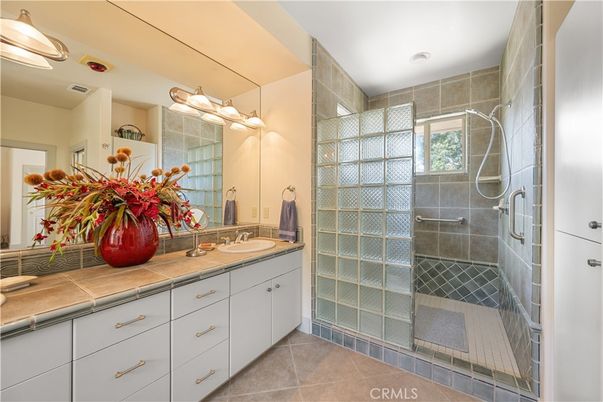 Bathroom, Dual Sink Vanities, Glass Shower, Interior, Tile Countertops