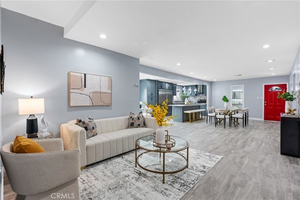 Dining room, Interior, Kitchen, Living room, Recessed Lighting, Stainless Steel Appliances, Wood Texture Flooring