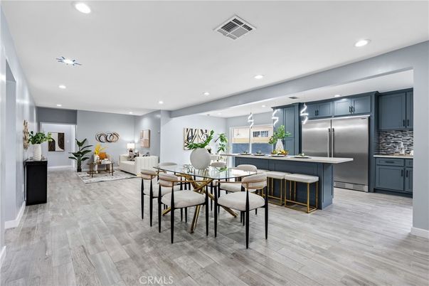 Dining room, Interior, Kitchen, Living room, Recessed Lighting, Stainless Steel Appliances, Wood Texture Flooring