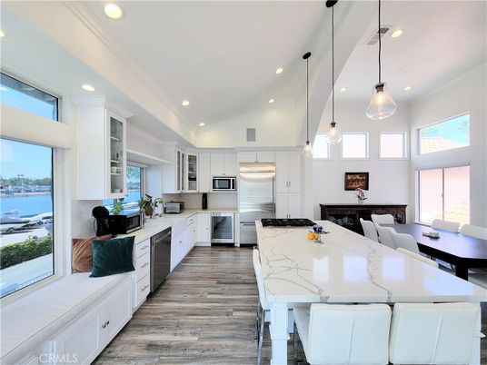 Interior, Kitchen, Pendant Lights, Recessed Lighting, Stainless Steel Appliances, Water, Wood Texture Flooring
