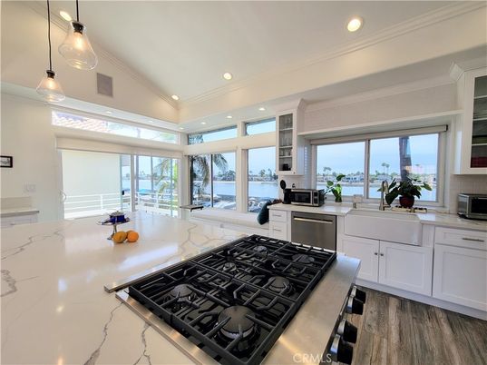 Interior, Kitchen, Pendant Lights, Recessed Lighting, Stainless Steel Appliances, Water, Wood Texture Flooring