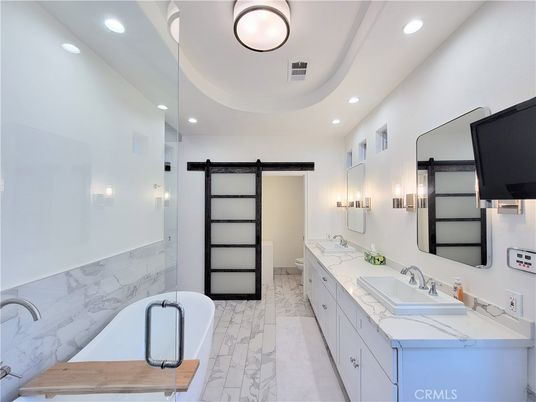 Bathroom, Dual Sink Vanities, Interior, Marble, Recessed Lighting
