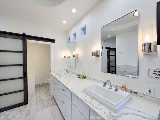 Bathroom, Dual Sink Vanities, Interior, Marble, Recessed Lighting