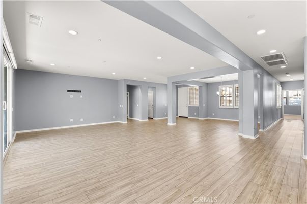 Chandelier, Empty room, Interior, Recessed Lighting, Wood Texture Flooring