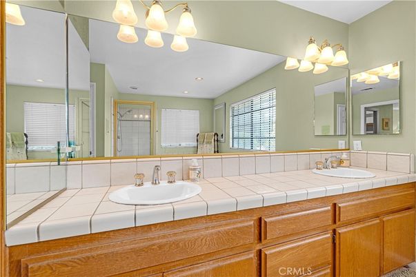 Bathroom, Dual Sink Vanities, Glass Shower, Interior, Recessed Lighting, Tile Countertops
