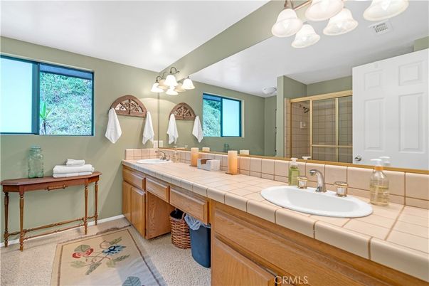 Bathroom, Dual Sink Vanities, Glass Shower, Interior, Tile Countertops