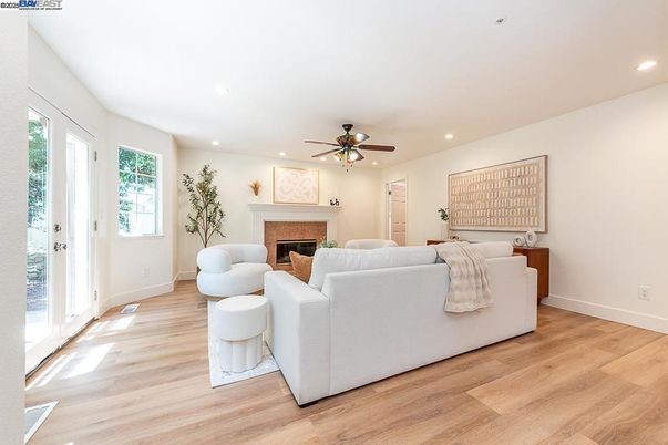 Fireplace, Interior, Living room, Recessed Lighting, Wood Texture Flooring