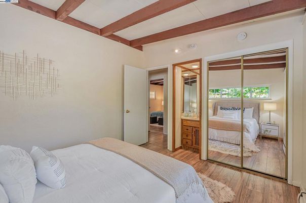 Bedroom, Interior, Recessed Lighting, Wooden Beams, Wood Texture Flooring