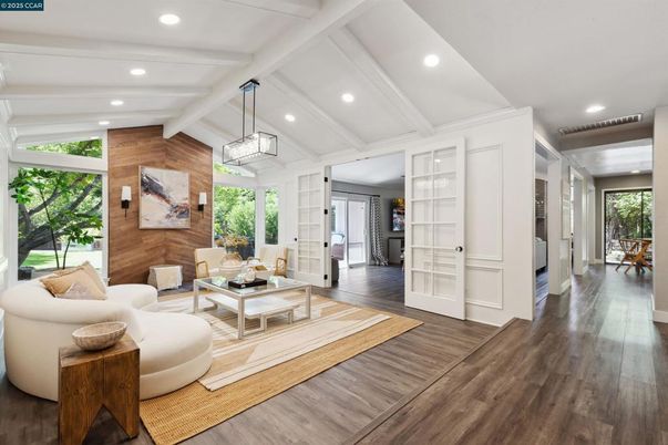 Interior, Living room, Pendant Lights, Recessed Lighting, Wood Texture Flooring, Wooden Walls
