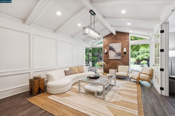 Interior, Living room, Pendant Lights, Recessed Lighting, Wood Texture Flooring, Wooden Walls