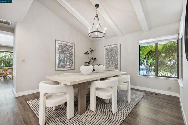 Dining room, Interior, Pendant Lights, Wood Texture Flooring