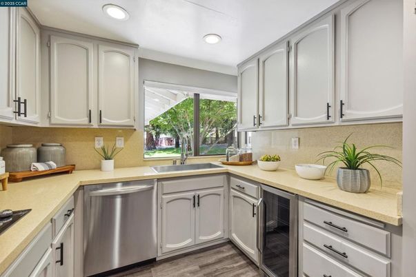 Interior, Kitchen, Recessed Lighting, Stainless Steel Appliances, Wood Texture Flooring