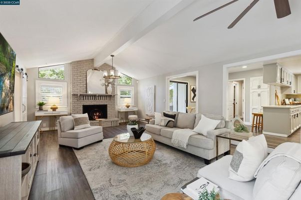 Fireplace, Interior, Kitchen, Living room, Pendant Lights, Recessed Lighting, Stone Walls, Wood Texture Flooring