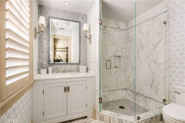 Bathroom, Glass Shower, Interior, Marble, Marble Walls, Recessed Lighting