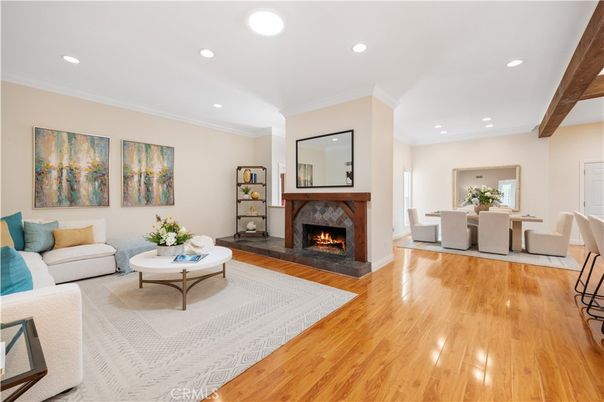 Dining room, Fireplace, Interior, Living room, Recessed Lighting, Wooden Beams, Wood Texture Flooring