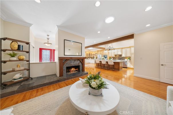 Dining room, Fireplace, Interior, Kitchen, Pendant Lights, Recessed Lighting, Wood Texture Flooring