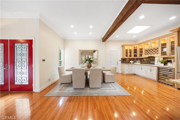 Dining room, Interior, Kitchen, Recessed Lighting, Wooden Beams, Wood Texture Flooring