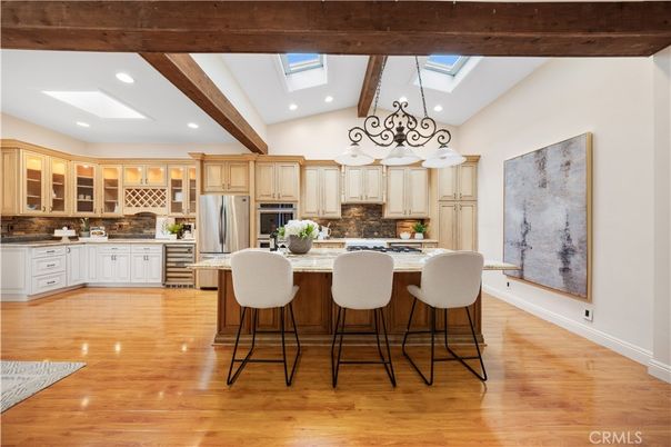 Chandelier, Interior, Kitchen, Recessed Lighting, Stainless Steel Appliances, Wooden Beams, Wood Texture Flooring