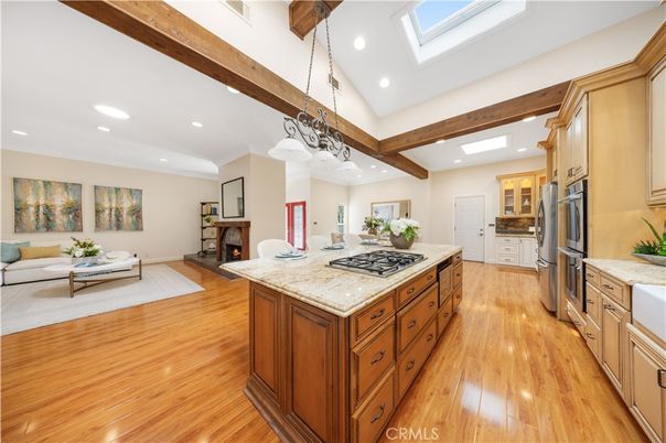 Fireplace, Interior, Kitchen, Living room, Pendant Lights, Recessed Lighting, Wooden Beams, Wood Texture Flooring