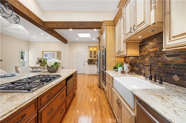 Interior, Kitchen, Recessed Lighting, Stainless Steel Appliances, Wooden Beams, Wood Texture Flooring