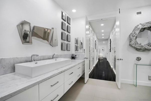 Bathroom, Dual Sink Vanities, Interior, Recessed Lighting, Wood Texture Flooring