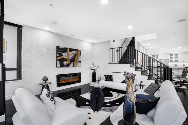 Fireplace, Interior, Living room, Recessed Lighting, Wood Texture Flooring