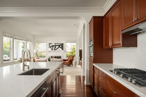 Fireplace, Interior, Kitchen, Living room, Recessed Lighting, Wood Texture Flooring