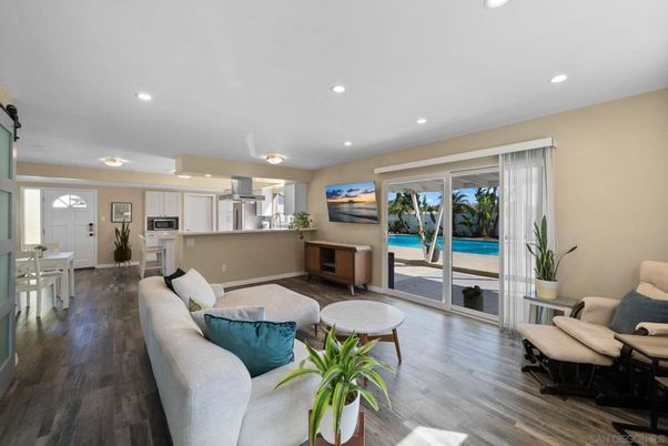 Dining room, Interior, Kitchen, Living room, Recessed Lighting, Stainless Steel Appliances, Wood Texture Flooring