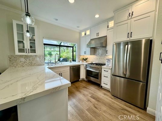 Interior, Kitchen, Pendant Lights, Recessed Lighting, Stainless Steel Appliances, Wood Texture Flooring