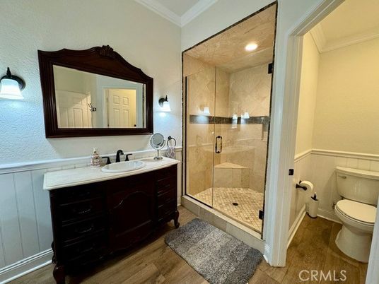 Bathroom, Glass Shower, Interior, Recessed Lighting, Wood Texture Flooring