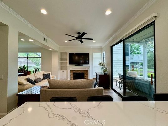 Fireplace, Interior, Living room, Recessed Lighting, Wood Texture Flooring