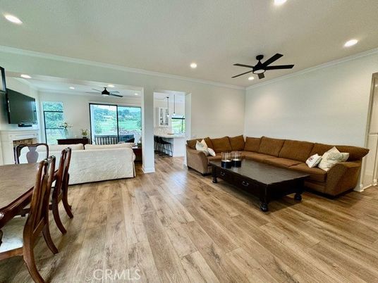 Dining room, Interior, Living room, Recessed Lighting, Wood Texture Flooring