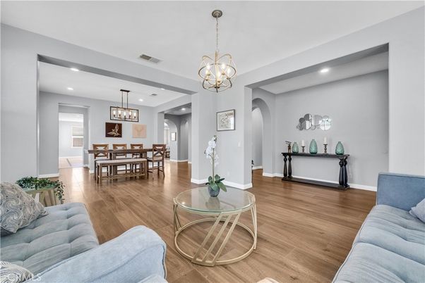 Chandelier, Dining room, Interior, Living room, Pendant Lights, Recessed Lighting, Wood Texture Flooring