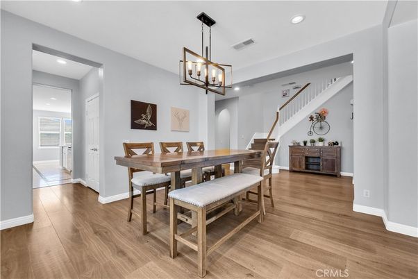 Dining room, Interior, Pendant Lights, Recessed Lighting, Wood Texture Flooring
