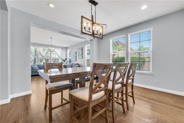 Chandelier, Dining room, Interior, Pendant Lights, Recessed Lighting, Wood Texture Flooring