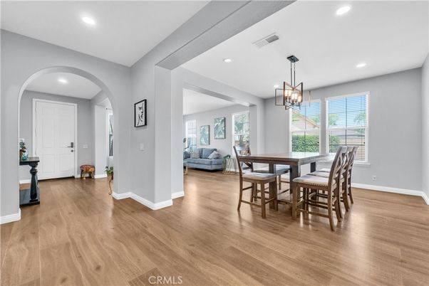 Dining room, Interior, Pendant Lights, Recessed Lighting, Wood Texture Flooring