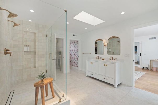 Bathroom, Dual Sink Vanities, Glass Shower, Interior, Recessed Lighting, Wood Texture Flooring