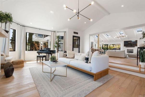 Fireplace, Interior, Living room, Pendant Lights, Piano, Recessed Lighting, Wood Texture Flooring