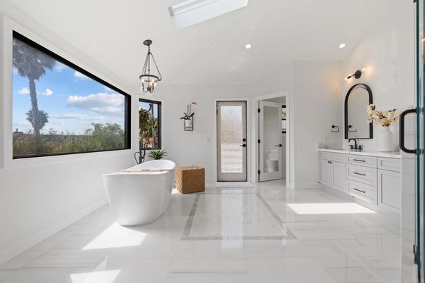 Bathroom, Dual Sink Vanities, Free Standing Baths, Interior, Marble, Pendant Lights, Recessed Lighting
