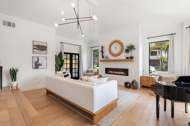 Fireplace, Interior, Living room, Pendant Lights, Piano, Wood Texture Flooring