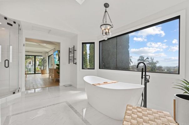 Bathroom, Free Standing Baths, Glass Shower, Interior, Marble, Pendant Lights