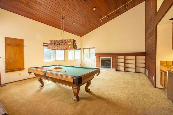 Billiard Table, Chandelier, Fireplace, Game Room, Interior, Recessed Lighting, Wooden Ceilings