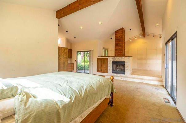Bedroom, Fireplace, Interior, Recessed Lighting, Wooden Beams
