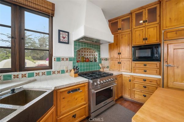 Interior, Kitchen, Tile Countertops, Wood Texture Flooring