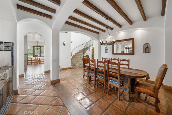 Chandelier, Dining room, Interior, Wooden Beams