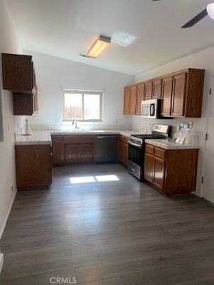 Interior, Kitchen, Tile Countertops, Wood Texture Flooring
