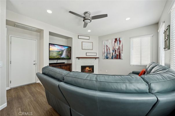 Fireplace, Interior, Living room, Recessed Lighting, Wood Texture Flooring