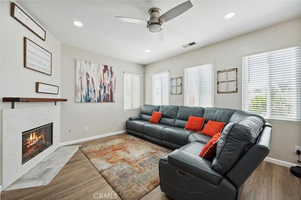 Fireplace, Interior, Living room, Recessed Lighting, Wood Texture Flooring