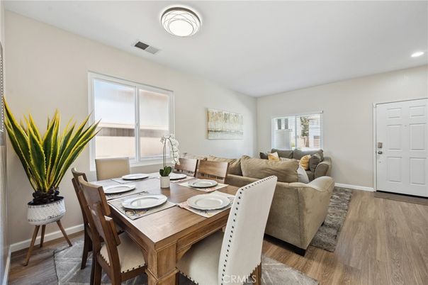 Dining room, Interior, Living room, Recessed Lighting, Wood Texture Flooring